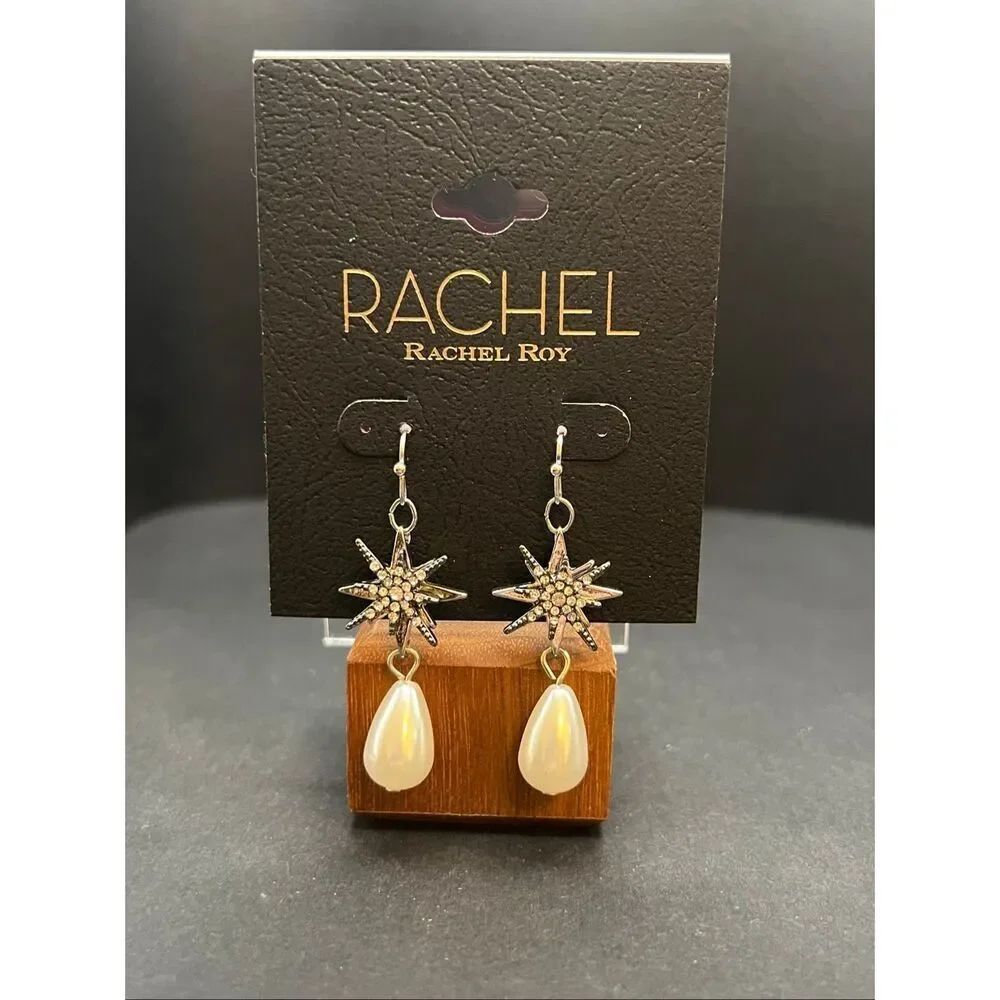 New! Rachel Roy Silver Tone Faux Pearl Celestial Starburst Drop Dangle Earrings